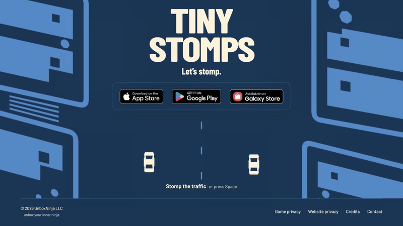 TinyStomps website: Let’s stomp, with App Store, Google Play, and Galaxy Store badges above cars moving along a blue city street.