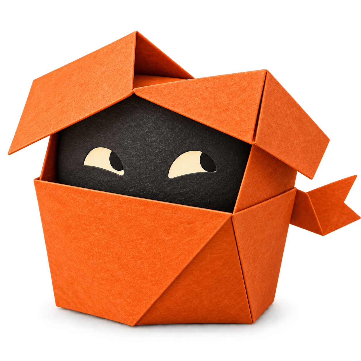 A curious orange paper-box ninja peeks out from under its folded lid.
